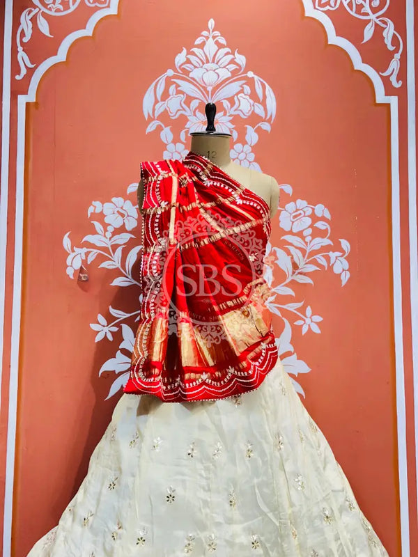 GAZI SILK COSMOS TISSUE GOTA PATTI ZARDOZI LEHENGA Red & White / Free Size