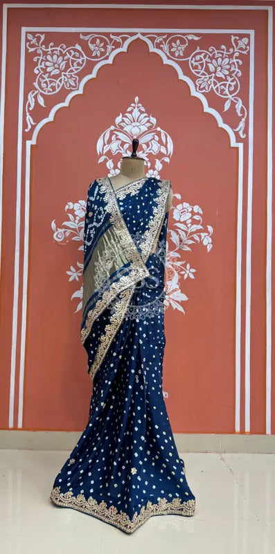 GAZI SILK GOTA PATTI BHANDEJ SAREE Blue / Free Size