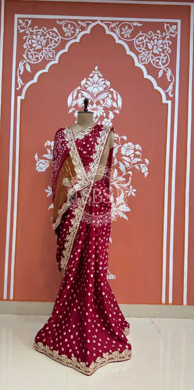 GAZI SILK GOTA PATTI BHANDEJ SAREE Maroon / Free Size
