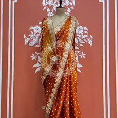 GAZI SILK GOTA PATTI BHANDEJ SAREE Mustard / Free Size