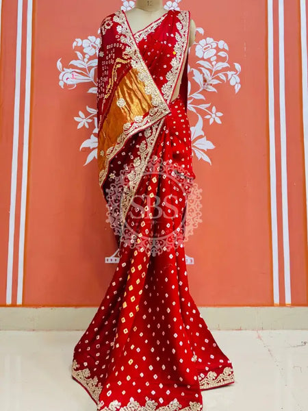 GAZI SILK GOTA PATTI BHANDEJ SAREE Red / Free Size