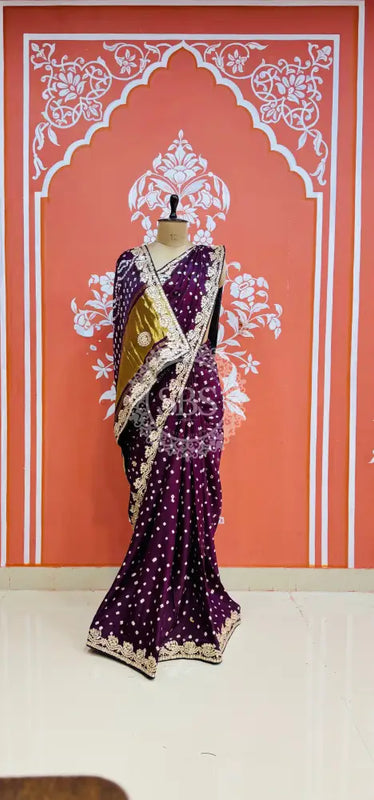 GAZI SILK GOTA PATTI BHANDEJ SAREE Wine / Free Size