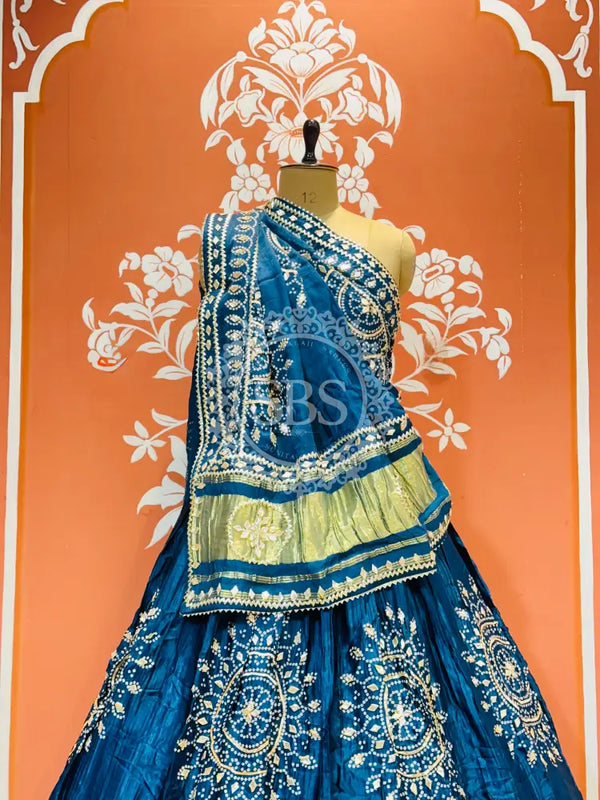 GAZI SILK HANDWORK KACHI PATTI LEHENGA Blue / Free Size