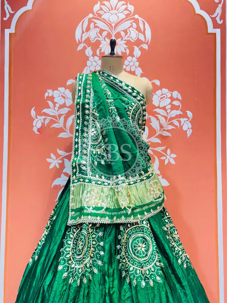 GAZI SILK HANDWORK KACHI PATTI LEHENGA Green / Free Size