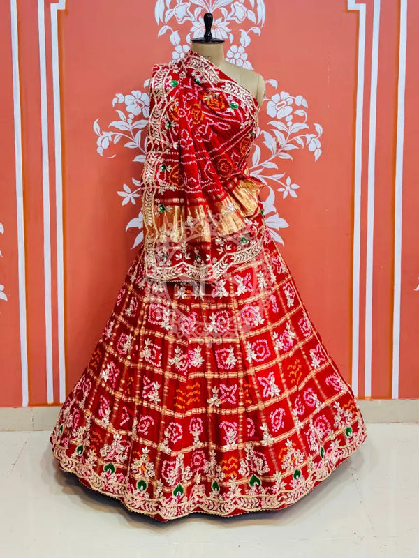 GAZI SILK ZARDOZI GOTA PATTI LEHENGA Red / Free Size