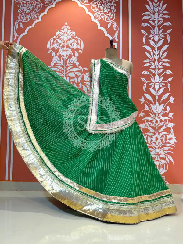 GEORGETTE GOLDEN SILVER WORK EXTRA FLARED LEHENGA Green / Free Size