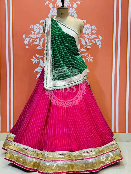 GEORGETTE GOLDEN SILVER WORK EXTRA FLARED LEHENGA Green & Pink / Free Size