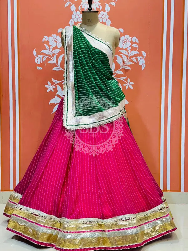 GEORGETTE GOLDEN SILVER WORK EXTRA FLARED LEHENGA Green & Pink / Free Size