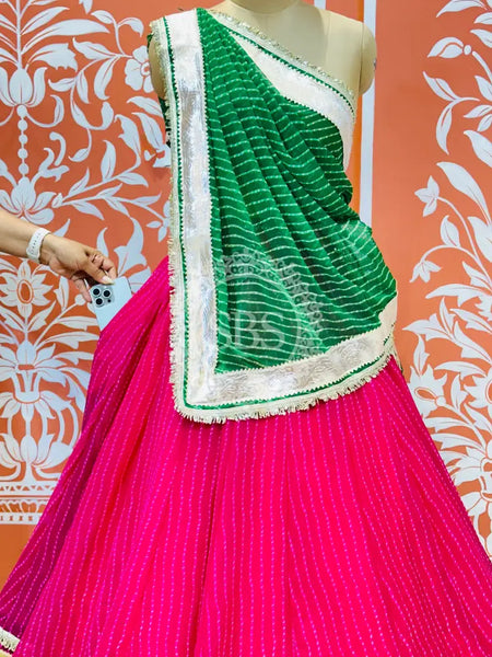 GEORGETTE GOLDEN SILVER WORK EXTRA FLARED LEHENGA Green & Pink / Free Size