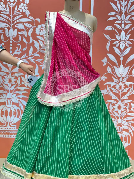 GEORGETTE GOLDEN SILVER WORK EXTRA FLARED LEHENGA Green & Red / Free Size