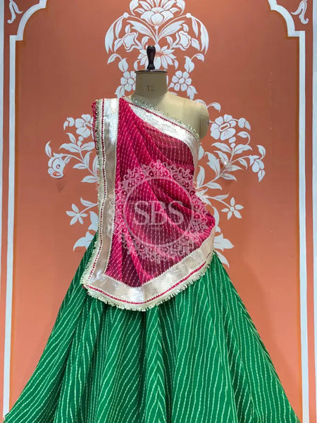 GEORGETTE GOLDEN SILVER WORK EXTRA FLARED LEHENGA Green & Red / Free Size