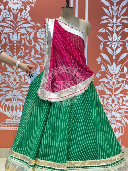 GEORGETTE GOLDEN SILVER WORK EXTRA FLARED LEHENGA Green & Red / Free Size