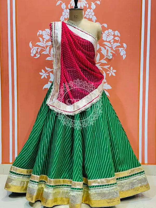 GEORGETTE GOLDEN SILVER WORK EXTRA FLARED LEHENGA Green & Red / Free Size