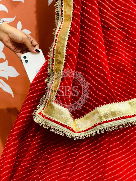 GEORGETTE GOLDEN SILVER WORK EXTRA FLARED LEHENGA Red / Free Size