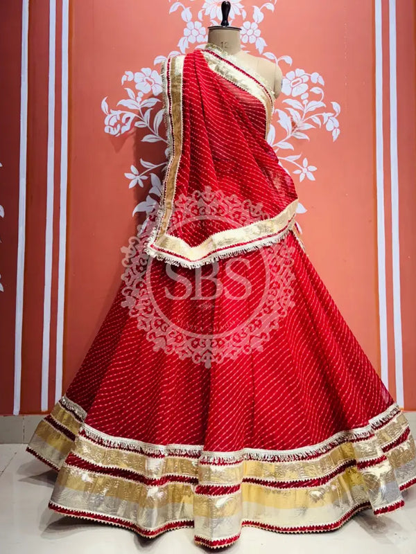 GEORGETTE GOLDEN SILVER WORK EXTRA FLARED LEHENGA Red / Free Size