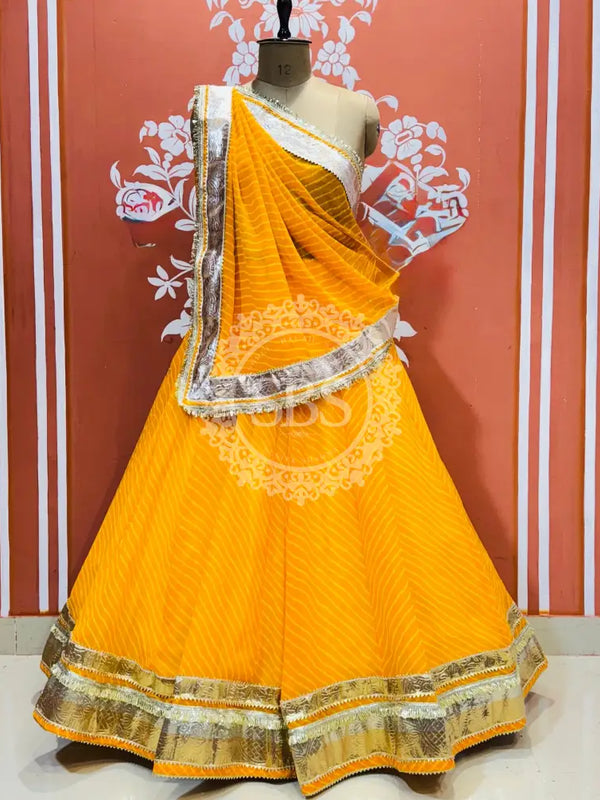 GEORGETTE GOLDEN SILVER WORK EXTRA FLARED LEHENGA Yellow / Free Size