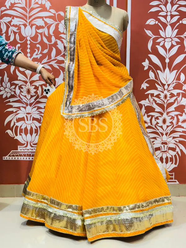 GEORGETTE GOLDEN SILVER WORK EXTRA FLARED LEHENGA Yellow / Free Size