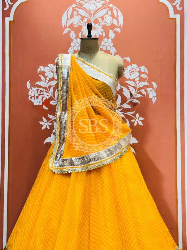 GEORGETTE GOLDEN SILVER WORK EXTRA FLARED LEHENGA Yellow / Free Size