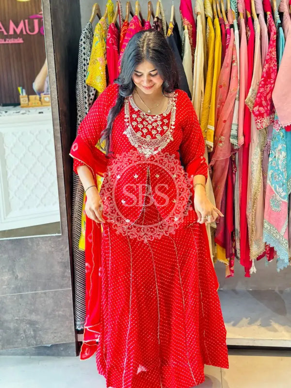 GEORGETTE KACHI PATTI INDOWESTERN Red / Free Size