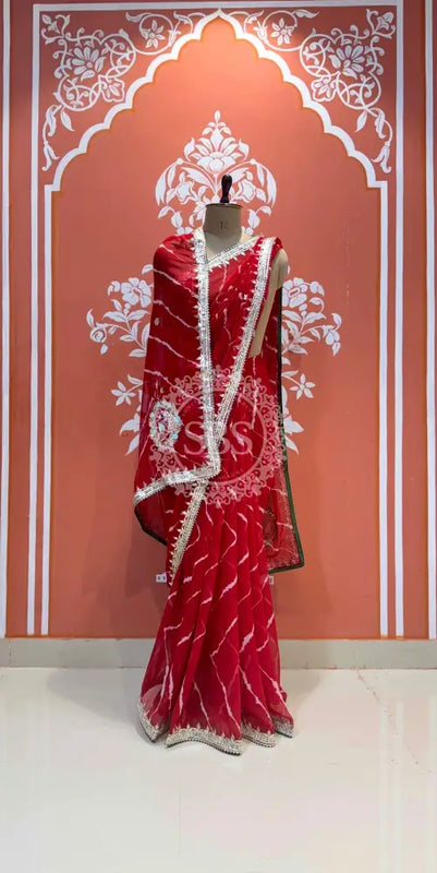 GEORGETTE LEHERIYA GOTA PATTI PEACOCK SAREE Red / Free Size