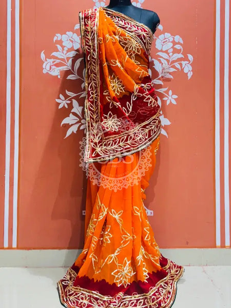 GEORGETTE PELIYA JALWORK SAREE Orange / Free Size