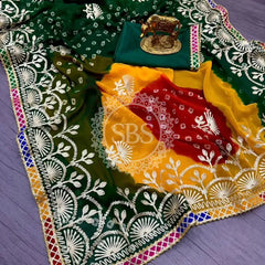 GEORGETTE SHADED MULTI BORDER SAREE Green / Free Size