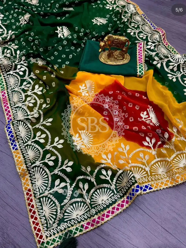 GEORGETTE SHADED MULTI BORDER SAREE Green / Free Size