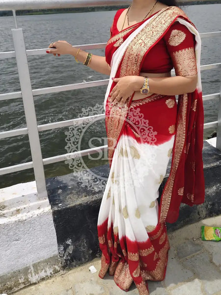 GEORGETTE SHIBORI GOLDEN BOOTA SAREE Marron & White / Free Size