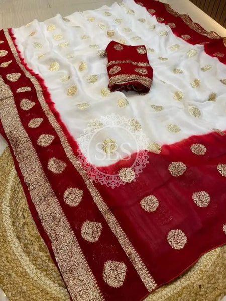 GEORGETTE SHIBORI GOLDEN BOOTA SAREE Marron & White / Free Size