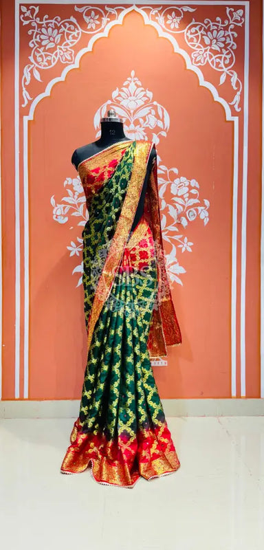 GHATCHOLA TAFETA SILK SAREE Green Red / Free Size