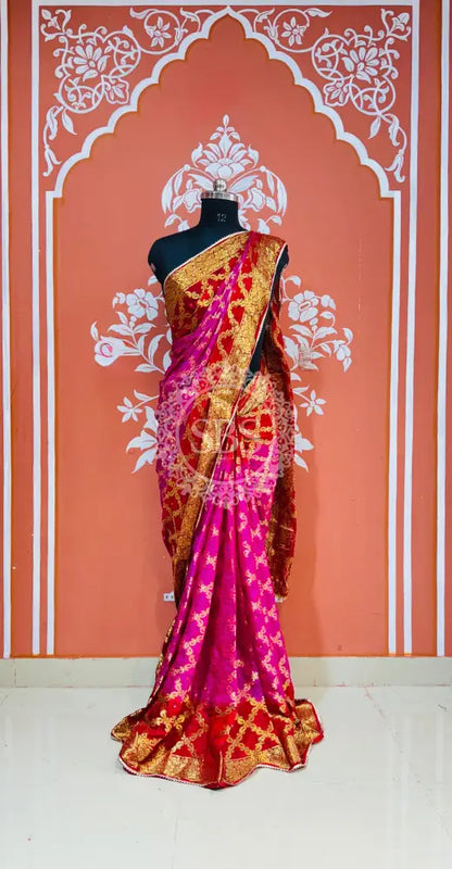 GHATCHOLA TAFETA SILK SAREE Pink Red / Free Size