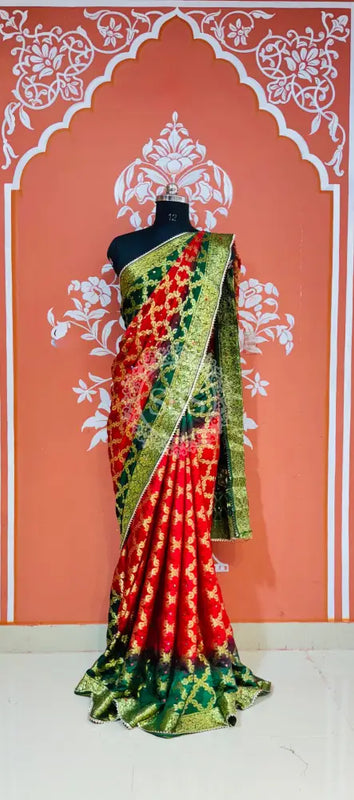 GHATCHOLA TAFETA SILK SAREE Red Green / Free Size
