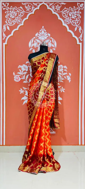 GHATCHOLA TAFETA SILK SAREE Red Orange / Free Size