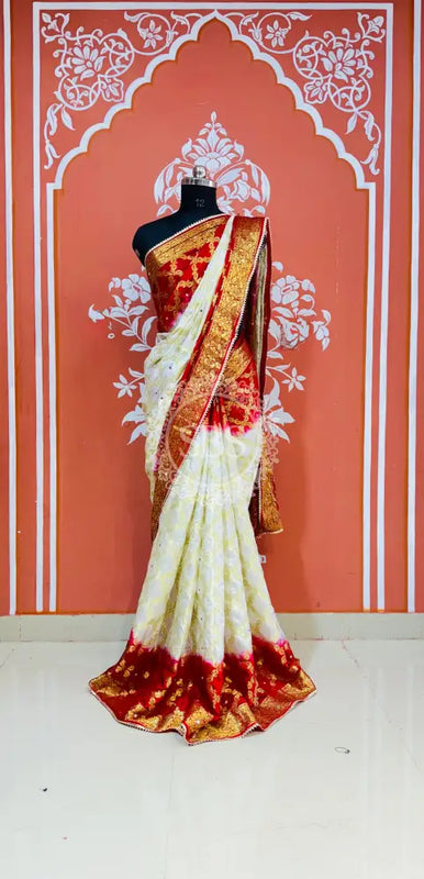 GHATCHOLA TAFETA SILK SAREE Red White / Free Size