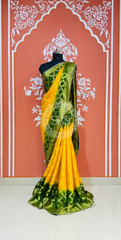 GHATCHOLA TAFETA SILK SAREE Yellow Green / Free Size