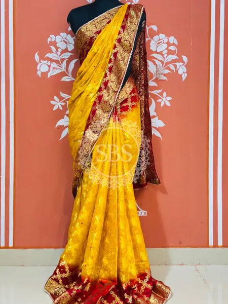 GHATCHOLA TAFETA SILK SAREE Yellow Red / Free Size