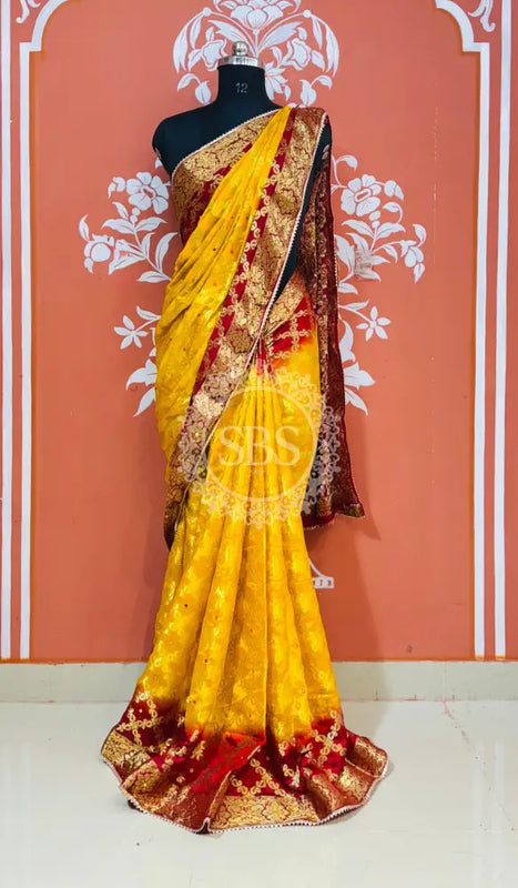 GHATCHOLA TAFETA SILK SAREE Yellow Red / Free Size