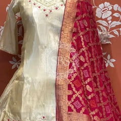 Golden Tissue kurta and skirt and Pure Khaddi Georgette dupatta INDO WESTERN Off white / 42 / Female Indo Western