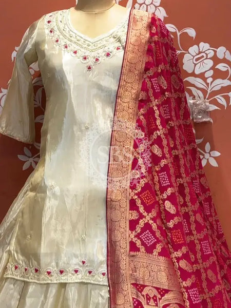 Golden Tissue kurta and skirt and Pure Khaddi Georgette dupatta INDO WESTERN Off white / 42 / Female Indo Western
