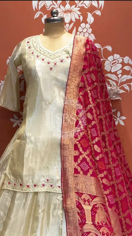 Golden Tissue kurta and skirt and Pure Khaddi Georgette dupatta INDO WESTERN Off white / 42 / Female Indo Western
