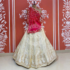 GOTA PATTI COSMOS TISSUE KACHI PATTI LEHENGA Pink & White / Free Size