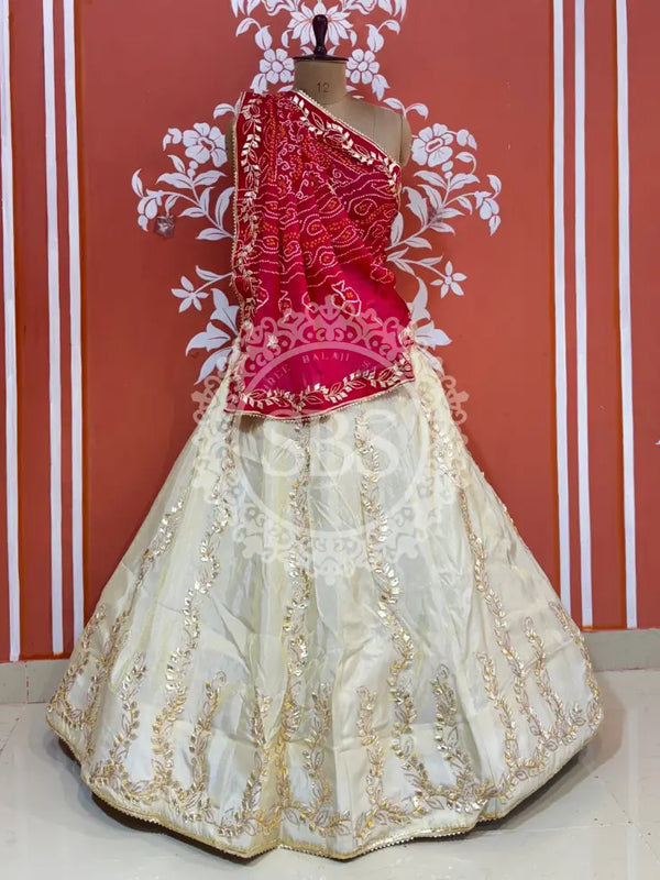 GOTA PATTI COSMOS TISSUE KACHI PATTI LEHENGA Pink & White / Free Size