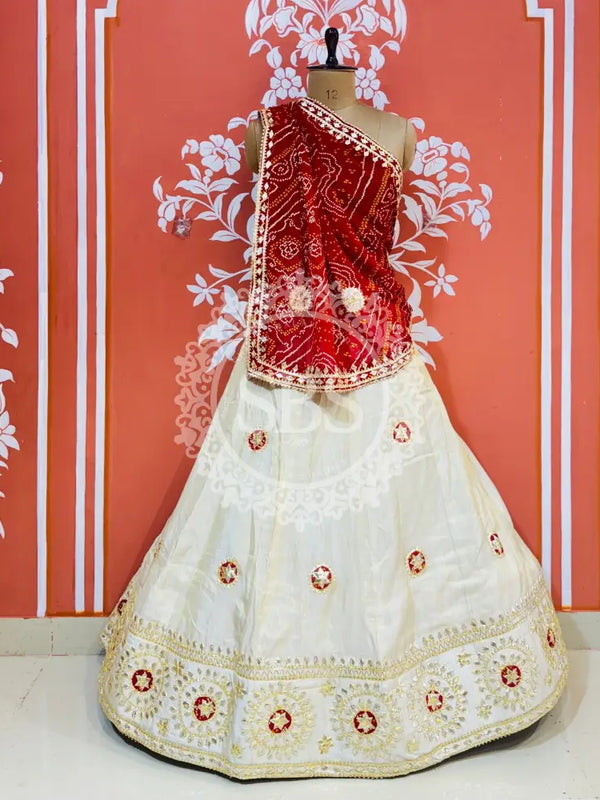 GOTA PATTI COSMOS TISSUE KACHI PATTI LEHENGA Red & White / Free Size