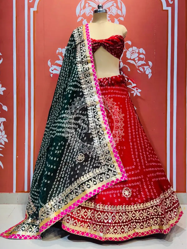 KOTA DORIYA BHANDEJ KACHI PATTI LEHENGA Green / Free Size