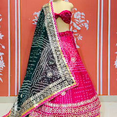 KOTA DORIYA BHANDEJ KACHI PATTI LEHENGA Green & Pink / Free Size