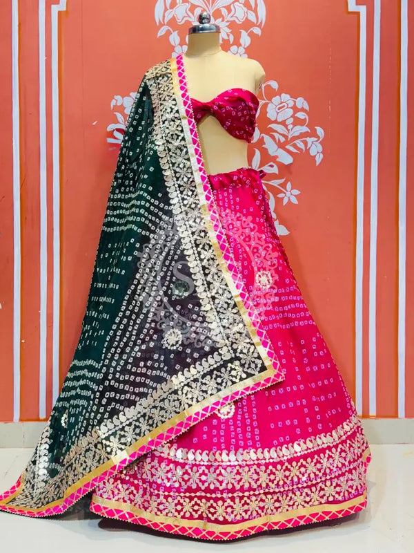 KOTA DORIYA BHANDEJ KACHI PATTI LEHENGA Green & Pink / Free Size