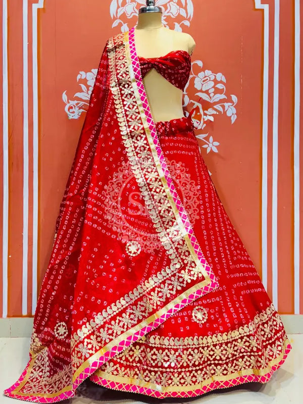 KOTA DORIYA BHANDEJ KACHI PATTI LEHENGA Maroon / Free Size