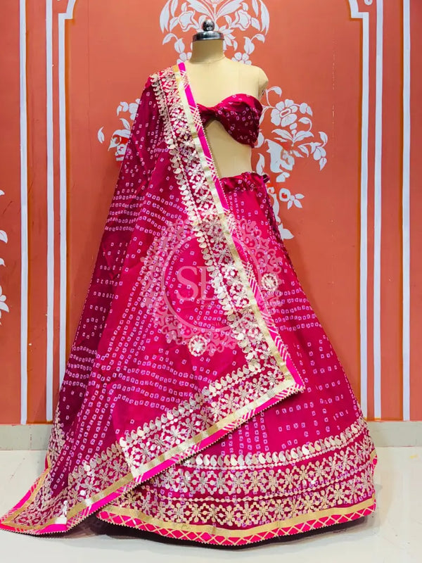 KOTA DORIYA BHANDEJ KACHI PATTI LEHENGA Pink / Free Size