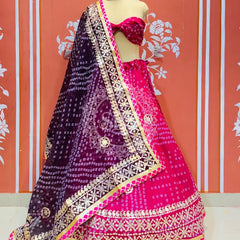 KOTA DORIYA BHANDEJ KACHI PATTI LEHENGA Pink & Purple / Free Size
