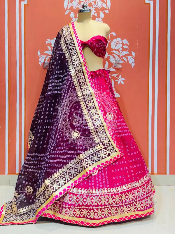 KOTA DORIYA BHANDEJ KACHI PATTI LEHENGA Pink & Purple / Free Size